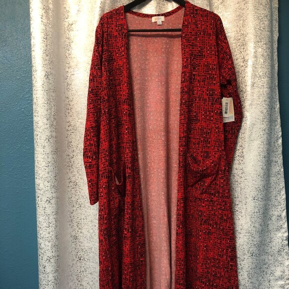 LuLaRoe “Sarah” Long Open-Front Cardigan Sweater Jacket – Red/Black/White XL NWT - Picture 1 of 8